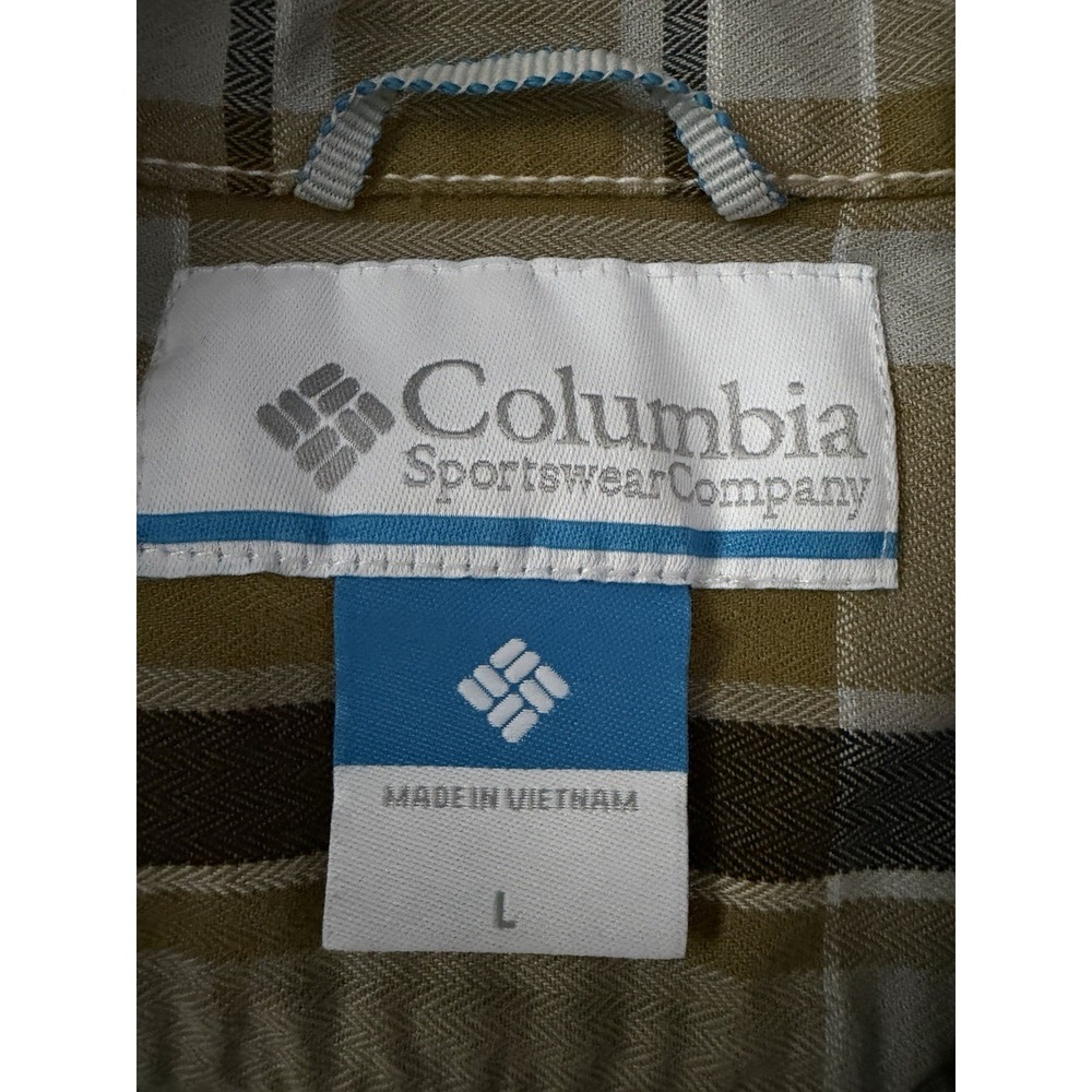 Columbia Long Sleeve Button Up Shirt Plaid Logo Pockets Brown White Large JBHS - Picture 10 of 11